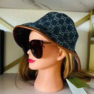 Gucci | Accessories | Gucci Blue Monogram Denim Hat With Tan  display picture 1